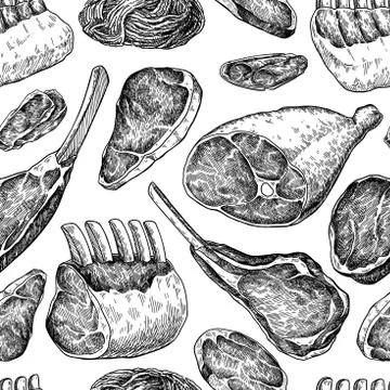 Raw meat seamless pattern. Vector drawing. Hand drawn beef steak Stock Illustration