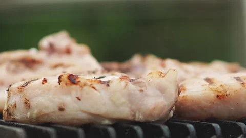 Raw meat slices on grid Video stock 159328426