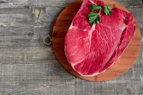 Raw meat steak.  Flat lay top-down composition mockup Stock Photos