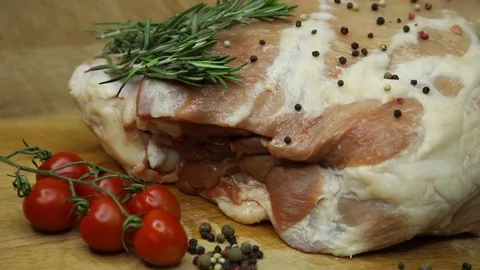 Raw meat svininy different pieces with lovely decor from the chef. Stock Footage 130002673