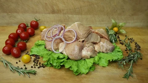 Raw meat svininy different pieces with lovely decor from the chef. Stock Footage 130002948
