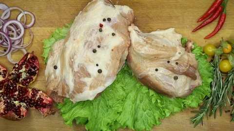 Raw meat svininy different pieces with lovely decor from the chef. Stock Footage 130002951