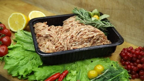 Raw meat svininy different pieces with lovely decor from the chef. Stock Footage 130002956