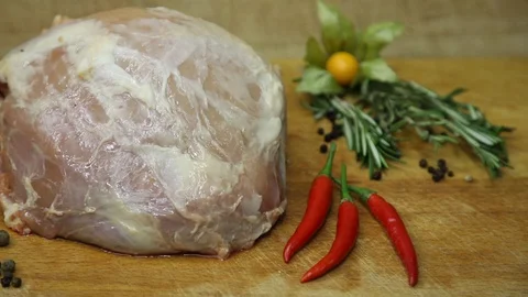 Raw meat svininy different pieces with lovely decor from the chef. Stock Footage 130002957