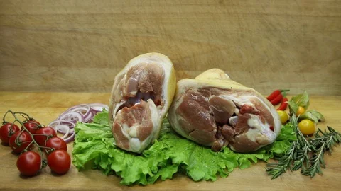 Raw meat svininy different pieces with lovely decor from the chef. Stock Footage 130002959