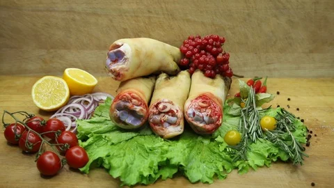 Raw meat svininy different pieces with lovely decor from the chef. Stock Footage 130002960