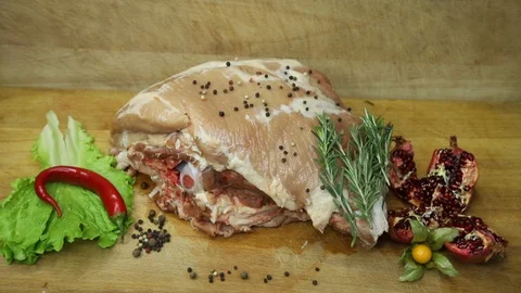 Raw meat svininy different pieces with lovely decor from the chef. Stock Footage 130002961