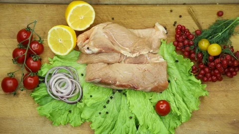 Raw meat svininy different pieces with lovely decor from the chef. Stock Footage 130002963