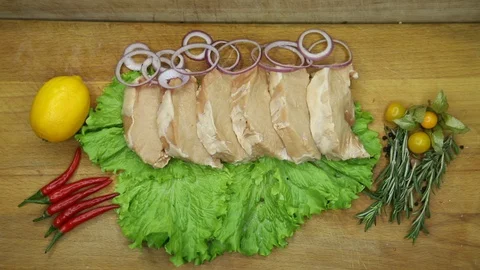 Raw meat svininy different pieces with lovely decor from the chef. Stock Footage 130003030