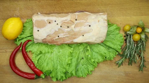 Raw meat svininy different pieces with lovely decor from the chef. Stock Footage 130003035