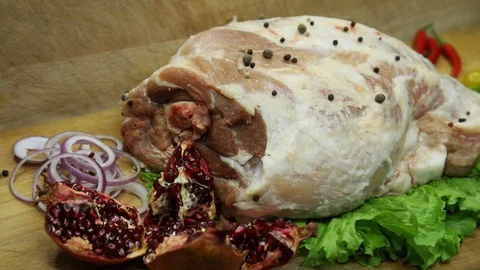 Raw meat svininy different pieces with lovely decor from the chef. Stock Footage 130003036