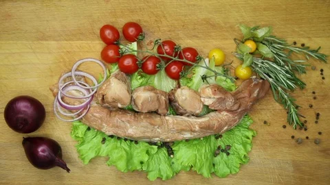 Raw meat svininy different pieces with lovely decor from the chef. Stock Footage 130003039