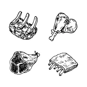 Raw meat vector drawing set. Hand drawn beef steak, pork ham, lamb rib, mince Illustrazione stock
