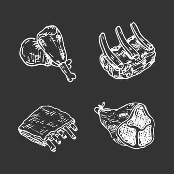 Raw meat vector drawing set. Hand drawn beef steak, pork ham, lamb rib, mince Illustrazione stock
