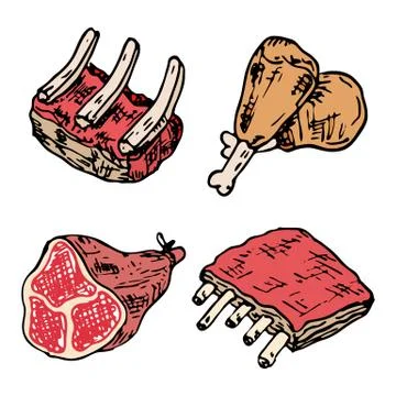 Raw meat vector drawing set. Hand drawn beef steak, pork ham, lamb rib, mince Stock Illustration