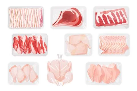 Raw meat in white plastic containers set, top view of chilled chicken and beef Stock Illustration