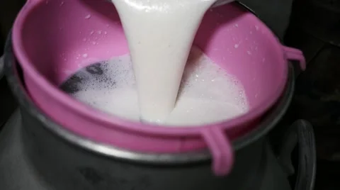 Raw milk slope in pink plastic, white milk of cow dip on plastic, 스톡 동영상 64348957