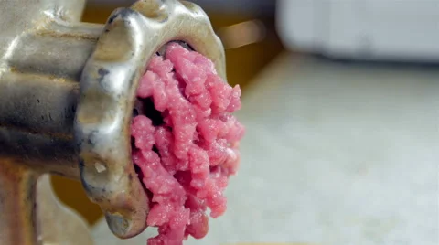Raw mince meat with old device. Close up. Stock Footage 57532071
