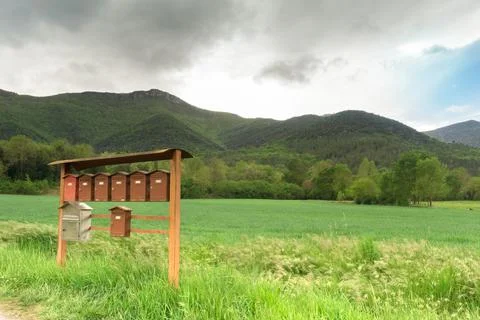 Raw of old post boxes on countryside of Catalonia, Spain Stock Photos