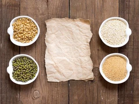 Raw organic amaranth and quinoa grains, wheat and mung beans Stock Photos