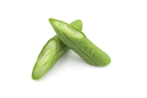 Raw organic yard long bean sliced on white isolated background in closeup m.. Stock Photos