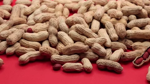 Raw Peanuts And Open Nut On Red Background. Dolly Slider Shot. 4k, 60 FPS. Stock Footage 237611262