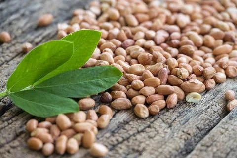 Raw peanuts with green leaves on rustic wooden background 스톡 사진