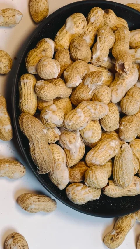 Raw peanuts in shell in dark plate, white background, vertical format Stock Footage 336471745