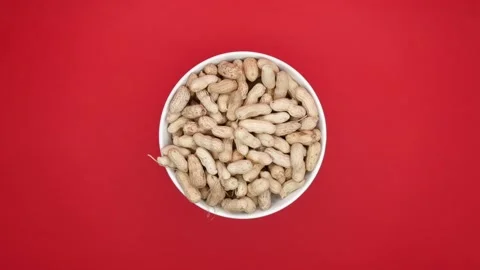 Raw Peanuts With Shells In White Bowl On Red Background. Rotating. Close Up. Top Stock Footage 237611884
