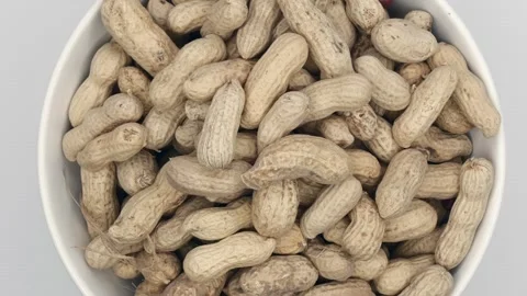 Raw Peanuts With Shells In White Bowl On White Background. Rotating. Extreme Clo Stock Footage 240942193