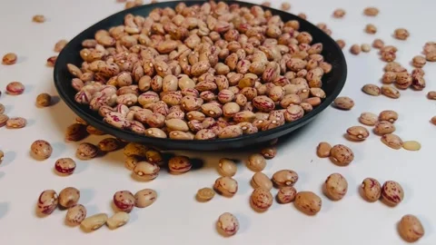 Raw pinto beans in dark plate, white background, horizontal format, angled view Stock Footage 336471798