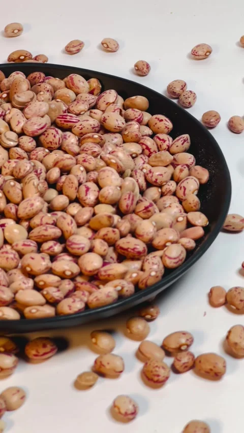 Raw pinto beans in dark plate, white background, vertical format, angled view Stock Footage 336471834