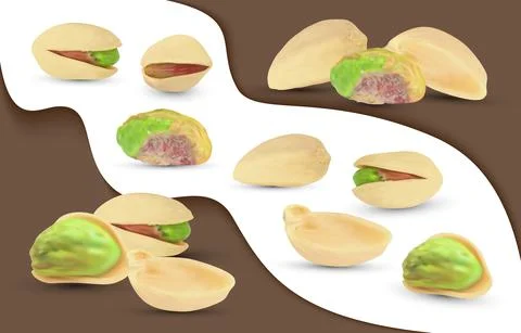 Raw pistachio nuts and shell. Realistic 3d salted kernel. Stock Illustration