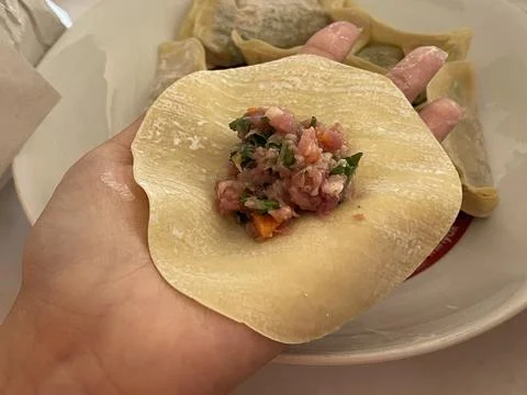 Raw Pork And Vegetable Dumpling Filling On Wrapper Held Over Plate Stock Photos