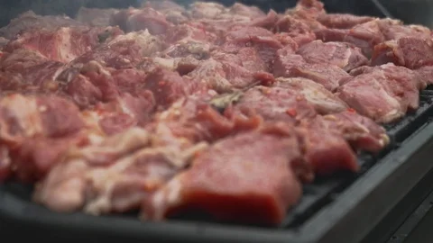 Raw pork beef are cooked on bbq grill. Pieces of marinated meat with flavoring Vidéo 120002254