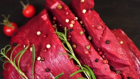 Raw pork beef close up. slow mo Stock Footage 121990744