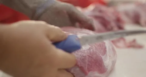 Raw pork cuts lie on a white cutting board, Food Factory Stock-Footage 340023152