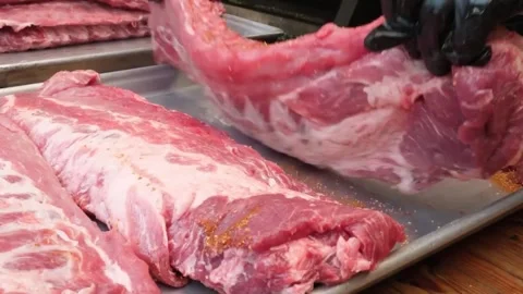 Raw Pork Spare Ribs Close-Up on Metal Tray Ready for Barbecue Seasoning Stock Footage 338212149