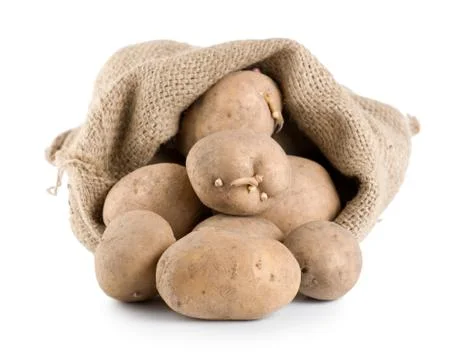 Raw potatoes in a hessian sack isolated Stock Photos