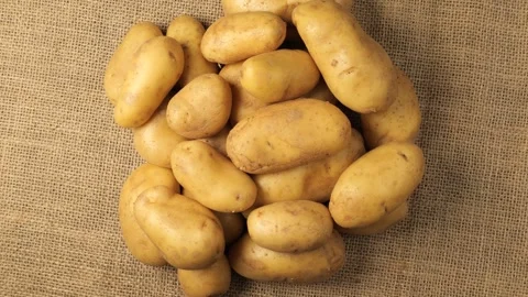 Raw potatoes rotating on a burlap sack Stock Footage 340526382