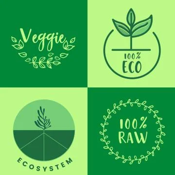 Raw product and eco oriented badges set. Stock Illustration