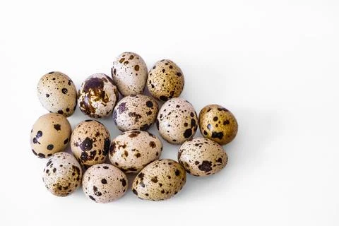Raw Quail Eggs. Uncooked Quail eggs on white background top view, healthy f.. Stock Photos