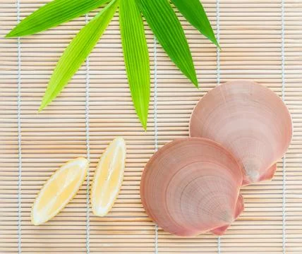 Raw queen scallops with lemon slice on bamboo background and bamboo leaves . Stock Photos