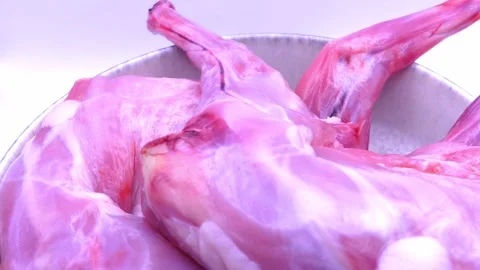 Raw rabbit pieces rotating in deep plate on white background 스톡 동영상 344052508