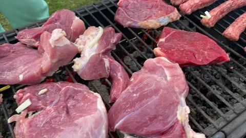 Raw red meat steaks are grilled on a charcoal grill. Picnic in the country Video stock 200493660