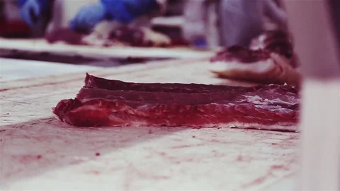 Raw red piece of meat moves slowly along the production line Stock Footage 78588132