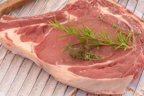 Raw rib of beef on a grill Stock Photos