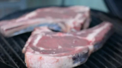 Raw rib steak on the grates of a heated grill Vídeos de archivo 242242476