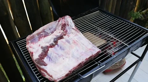 Raw Ribs on the Grill in Slow Motion Stock Footage 63149415