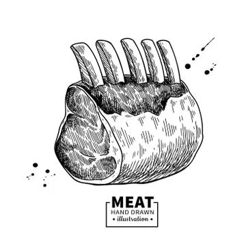 Raw ribs vector drawing. Beef, pork or lamb meat hand drawn sketch. Stock Illustration